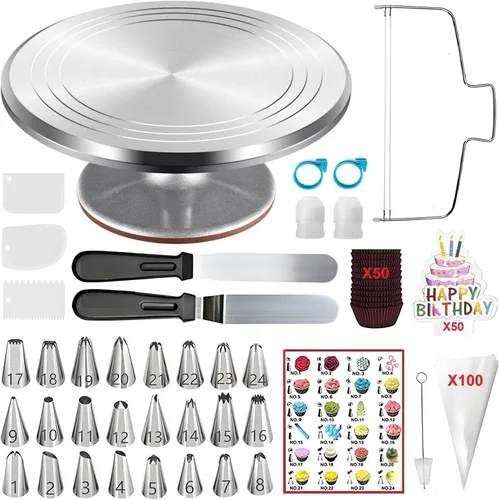 237 Pcs Cake Decorating Kit with Aluminium Cake Turntable,Leveler,24 Numbered Icing Tips,2 Spatulas,3 Scrapers,2 Coupler,50 Cupcake Liners,50 Cake