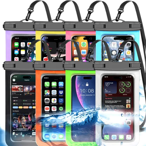 Vista 16 de Paquete de 2 bolsas impermeables universales iridiscentes de hasta 8.3 pulgadas, bolsa seca grande impermeable para teléfono, nivel de protección