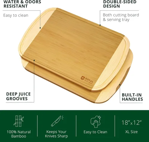 Vista 2 de ROYAL CRAFT WOOD Tablas de cortar de madera para preparar comidas y servir en la cocina, juego de tablas de servir de madera de bambú con asas