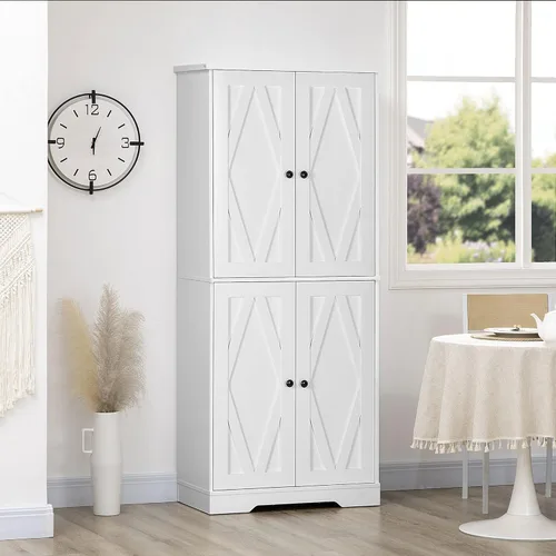 Vista 2 de HOMCOM 70.75" Farmhouse Kitchen Pantry Cabinet, Freestanding Tall Storage Cabinet with 4 Barn Doors and Adjustable Shelves for Dining Room, White