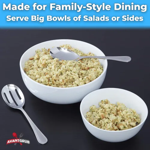 Vista 4 de Cuchara de servir resistente de 9 pulgadas de alta calidad. Cucharas elegantes de acero inoxidable para pasta y guarniciones. Cubertería para bufé