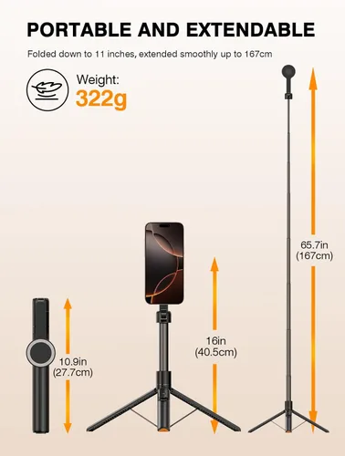 Vista 4 de Trípode seguro para iPhone, 65 pulgadas, extensible, fuerte, magnético, selfie, para iPhone con control remoto, soporte de trípode portátil
