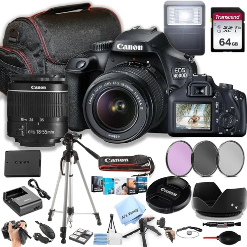 Canon EOS 4000D / Rebel T100 Cámara DSLR con lente EF-S 18-55mm F/3.5-5.6 + memoria de 64 GB, filtros, funda, trípode, flash y más (paquete de 34
