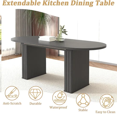 Vista 5 de Mesa de comedor extensible ovalada de 62.99 a 78.7 pulgadas para 6, 8 y 10, moderna mesa expandible de cocina de madera de granja, mesas de Negro