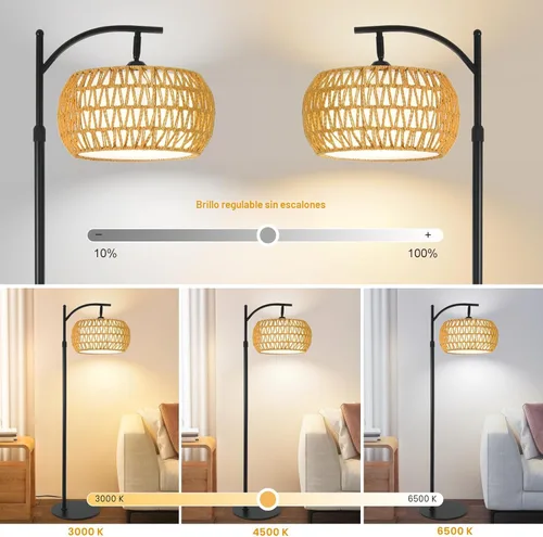 Vista 2 de Lámpara de pie de ratán boho con pantalla – Lámpara LED regulable brillante de 12 W, control remoto con 3 temperaturas de color, lámpara de pie