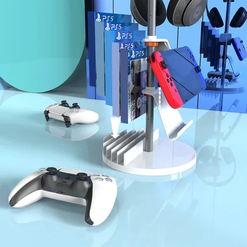 Vista 7 de WEGASTU Soporte para auriculares, soporte para controlador de PS5, soporte para accesorios de juegos, soporte para CD, soporte para iPad