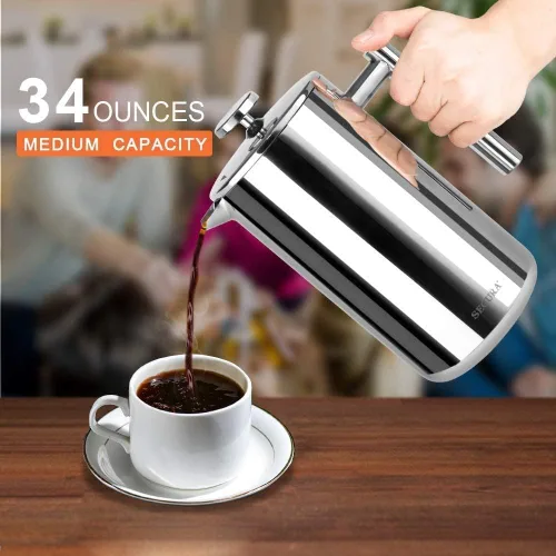 Vista 2 de Secura Cafetera de prensa francesa, prensa de café aislada de acero inoxidable de grado 304 con 2 pantallas adicionales, 34 onzas (1 litro)