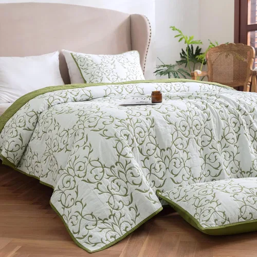 Vista 7 de Mixinni - Juego de colcha reversible de 100 % algodón, elegante diseño bordado, juego de 3 piezas, con fundas decorativas de almohada con bordado