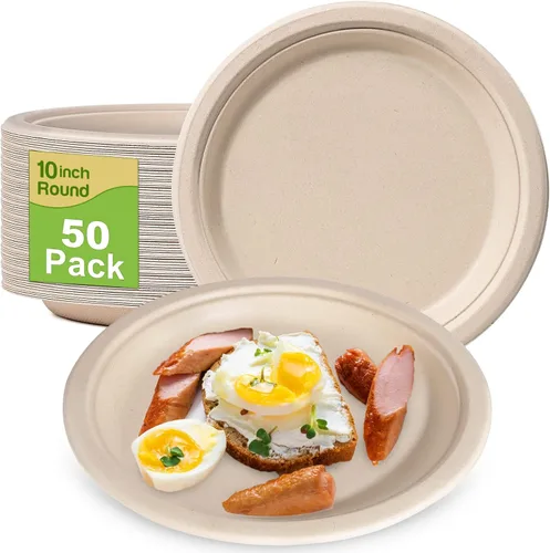 Platos de papel de 10 pulgadas, paquete de 50 platos compostables desechables, platos de papel reciclado ecológicos, platos de papel marrón