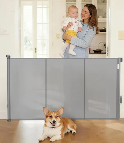 Puerta retráctil reforzada para bebé, extra 38 pulgadas de alto, se extiende hasta 63 pulgadas de ancho, puerta de malla de instalación para