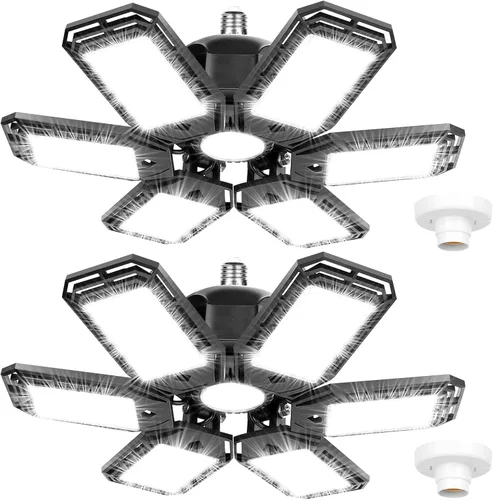 Paquete de 2 luces LED de garaje de 180 W, deformables, 18000 lúmenes, cerca del techo, E26 E27, iluminación brillante de seis hojas, luz LED ultra
