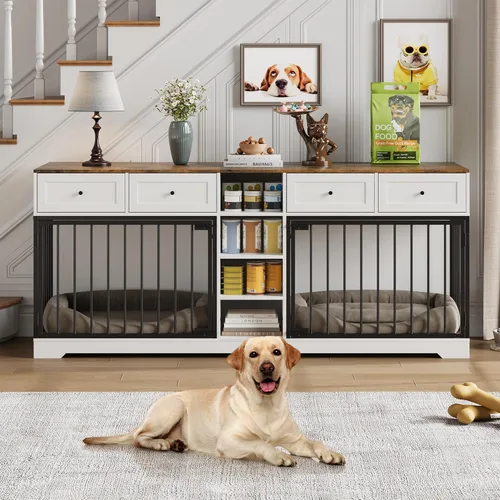 Vista 8 de Muebles de jaula para perros de 47 pulgadas, soporte de TV de jaula para perros grandes con 2 cajones y 4 estantes, perrera de madera