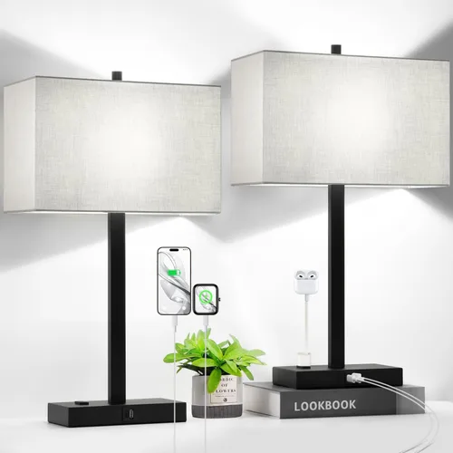 Vista 22 de Lynnoland Juego de 2 lámparas de noche de 21 pulgadas con tomas USB A+C y CA, control táctil, regulables de 3 vías, para dormitorio, sala de estar