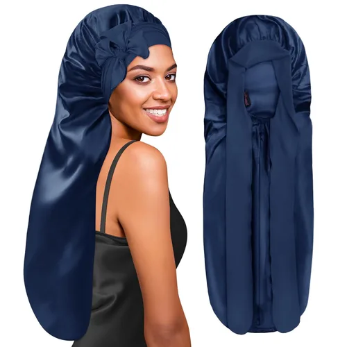 Vista 7 de BONNET QUEEN Gorro de Seda para Trenzas Plegable Extra Largo con Banda de Amarre para Trenzas, Gorro de Satén con Banda de Amarre, Gorro Largo