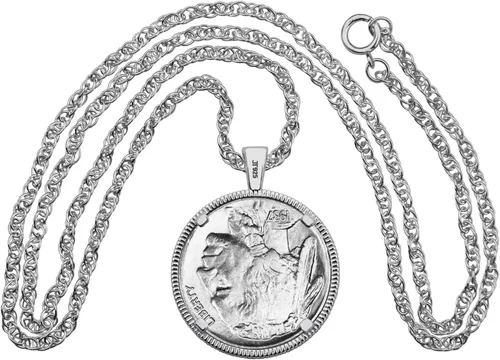 Vista 5 de US 1937 Indian Head Buffalo Nickel 5 Cents Coin Solid 925 Sterling Silver Necklace NEW - FULL HORN