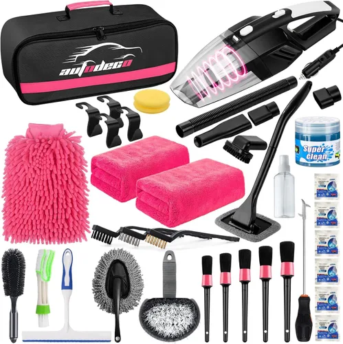 Vista 11 de AUTODECO Kit de limpieza para auto de 41 piezas Kit de limpieza y detalle interior con aspiradora de mano de alta potencia, cubo plegable