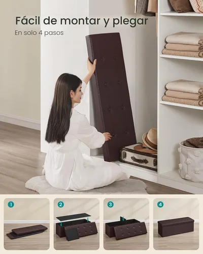 Vista 6 de Banco de asiento plegable otomano Songmics, taburete reposa pies de piel sintética, Madera, Marrón