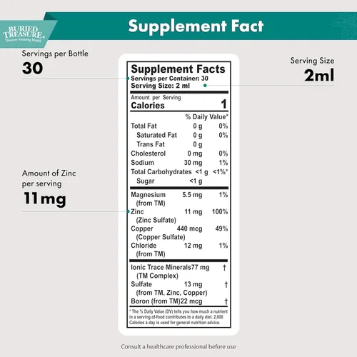 Vista 2 de Buried Treasure Zinc Complex Drops - 30 porciones, 2 onzas líquidas, suplemento de zinc iónico eficiente y biodisponible