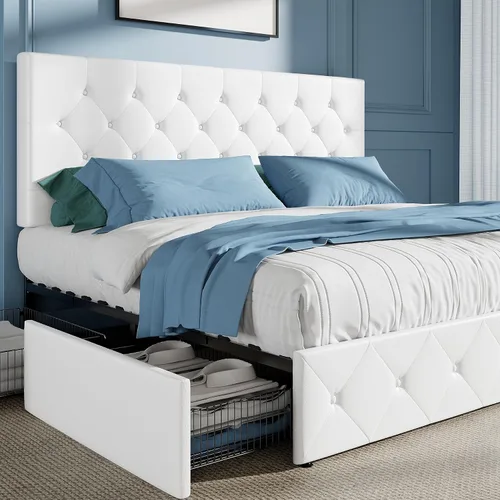 Vista 9 de HOOMIC Base de cama de almacenamiento de plataforma de tamaño matrimonial con 4 cajones y cabecera ajustable, listones de madera, no necesita