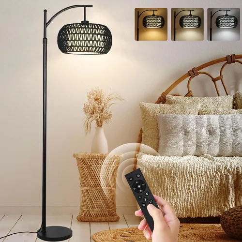 Vista 14 de Lámparas de pie doradas para sala de estar, dormitorio, lámpara de pie de cristal con control remoto y pantalla rosa, lámpara de pie regulable