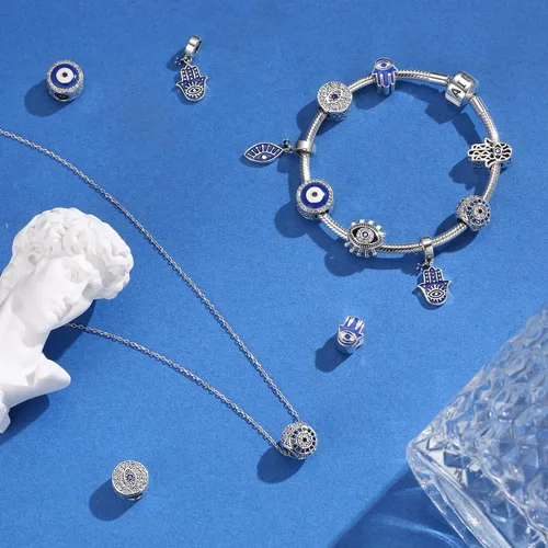 Vista 6 de AIEGNOS Dijes de Hamsa de mal de ojo para pulsera, collar de plata de ley 925, cuentas de mal de ojo de Fátima para manos de serpiente europea