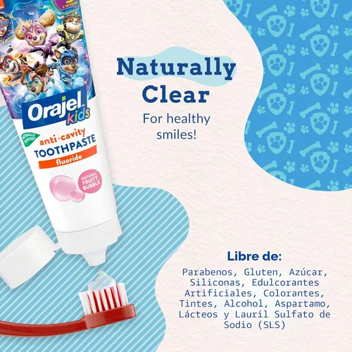Vista 5 de Orajel Pasta de dientes, sabor a burbuja afrutada, fluoruro Niños Patrulla Canina Anticaries Paquete de 2 de 4.2 onzas