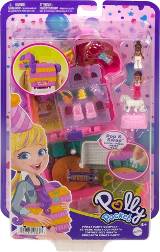 Vista 6 de Polly Pocket Juego compacto, fiesta de piñata con 2 micro muñecas y accesorios, juguetes de viaje con revelaciones sorpresa