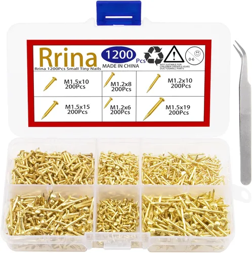 1200Pcs Clavos Pequeños de Acero al Carbon Chapados en Latón para Madera DIY Micro Mini Clavos M1.2/1.5 Kit de Surtido 6 Tamaños