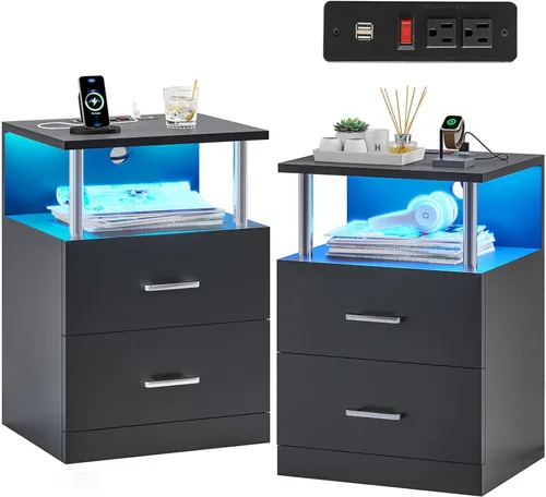 Vista 10 de VIAGDO - Mesa de noche negra con estación de carga y puertos USB, mesa de noche LED con 2 cajones, mesas de cabecera modernas con almacenamiento