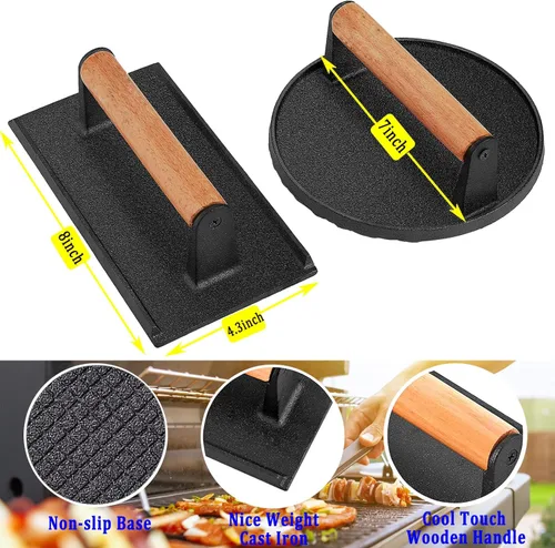 Vista 2 de Kit de prensa de hamburguesa Smash de 3 piezas, prensa de carne redonda y rectangular para plancha, prensa de parrilla de hierro fundido con mango