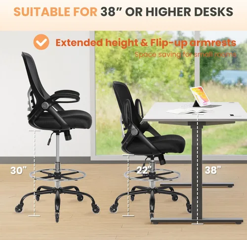 Vista 3 de HYLONE Silla de dibujo ajustable, silla de oficina alta, soporte lumbar, silla de escritorio ergonómica de pie, taburete de dibujo alto resistente