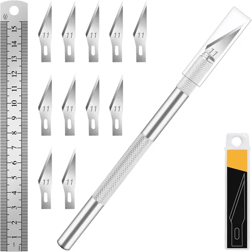 Vista 11 de DIYSELF Cuchillo para manualidades con 10 cuchillas adicionales #11, juego de cuchillos de precisión con regla de acero, cuchillo Exacto para Azul