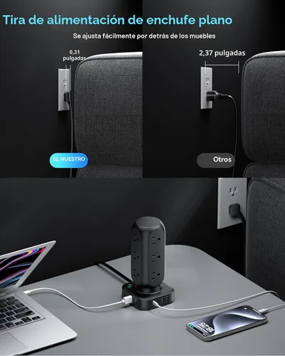 Vista 4 de Regleta de alimentación con protector de sobretensiones en torre, 12 salidas de CA y 8 puertos USB, cable de extensión de enchufe plano de 5 pies
