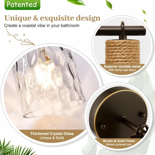 Vista 3 de MOKATNG Juego de 2 apliques de pared para baño, luces de tocador modernas costeras con pantalla de vidrio transparente, lámpara de pared de baño