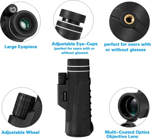 Vista 3 de Occer Telescopio monocular de alta potencia 10X42 HD de doble enfoque, monocular compacto con lente de zoom multicapa Bak4, visión nocturna baja