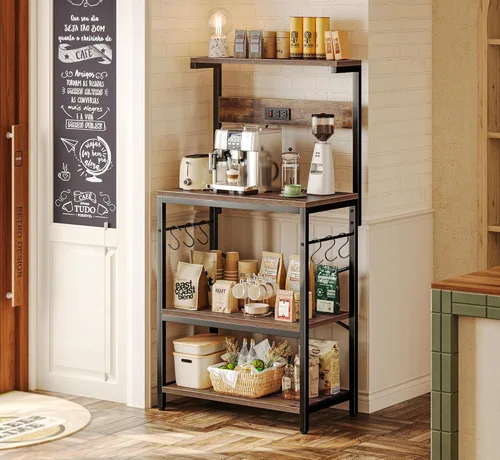 Vista 7 de SUPERJARE Estante de panadero de cocina con toma de corriente, mesa de bar de café de 4 niveles, soporte de microondas de cocina con 6 ganchos