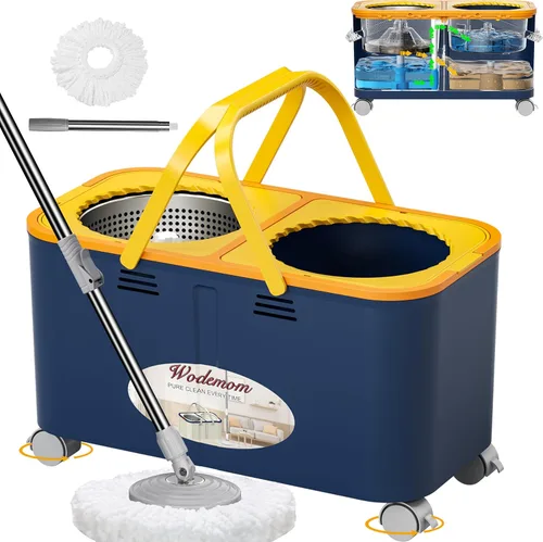 Trapeador giratorio compacto y cubo con sistema de agua limpia y sucia, mopa de piso con ruedas giratorias de 360°, mango de 61 pulgadas, 1 cabezal