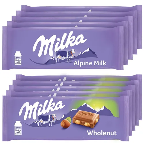Milka - Paquete variado de barras de chocolate europeas, chocolate con leche alpino y chocolate integral con avellana, 10 barras de 3.52 onzas