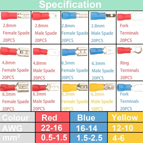 Vista 3 de Feggizuli 280 piezas de conectores de crimpado, kit de conectores macho y hembra de pala de 2.8 mm, 4.8 mm, 6.3 mm, 15 tipos de terminales