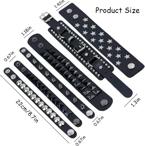Vista 2 de REDANHA 6 PCS Spiked Studded Pulsera de cuero negro remache punk pulsera brazalete