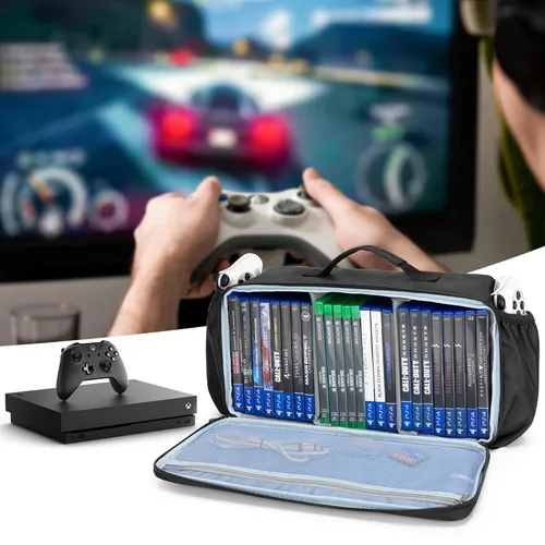 Vista 6 de CURMIO Game Disc Storage Bag Holds Up to 24 Discs, Game Disk Travel Case Compatible for PS5PS4PS4 ProPS3Xbox OneXbox 360Xbox Series XS, Blue
