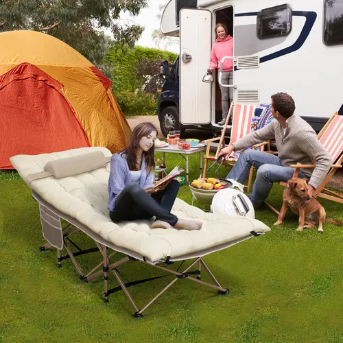 Vista 2 de Paquete de 2 catres de camping plegables anchos con almohada y colchón extra grueso de 3 pulgadas, catres para dormir 900 libras, cama de campamento