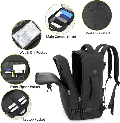 Vista 70 de Mochila de Viaje Snoffic para Mujer, Negro, 17 pulg.