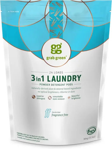 Grab Green Cápsulas de detergente 3 en 1, 24 unidades, sin fragancia, a base de plantas y minerales, poder de limpieza superior, removedor de