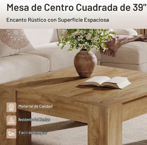 Vista 6 de Tribesigns Mesa auxiliar cuadrada de granja, mesa de centro de madera de 39 pulgadas con patas resistentes, mesa central rústica para sala de estar