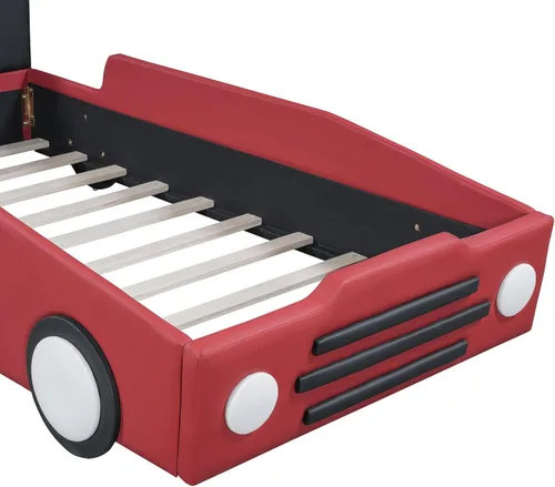 Vista 79 de Cama de plataforma en forma de auto de carreras de tamaño individual con ruedas, marco de cama de plataforma de madera con dos asientos y soporte