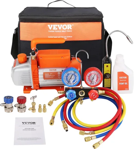 Vista 12 de VEVOR Bomba de Vacío de CA de 4.5 CFM y Juego de Manómetros, Bomba de Vacío de Aire HVAC de Paleta Rotativa de Una Etapa, Kit de Manómetro Múltiple