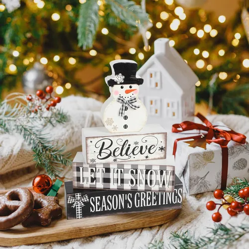 Vista 5 de 4 piezas de decoración de Navidad para interiores de madera con muñeco de nieve para decoración de mesa de centros de mesa de Navidad Feliz Navidad