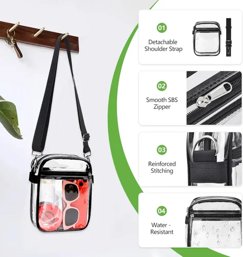 Vista 6 de MAY TREE Bolso transparente aprobado para estadios con correa ajustable, bolsa transparente de 8.5 x 6.8 x 3 pulgadas para eventos de estadio