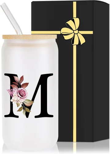 Vista 24 de Vaso de vidrio con monograma con tapa de bambú, popote personalizado, vaso de café helado de 16 onzas, tarro transparente de masón, cerveza, agua